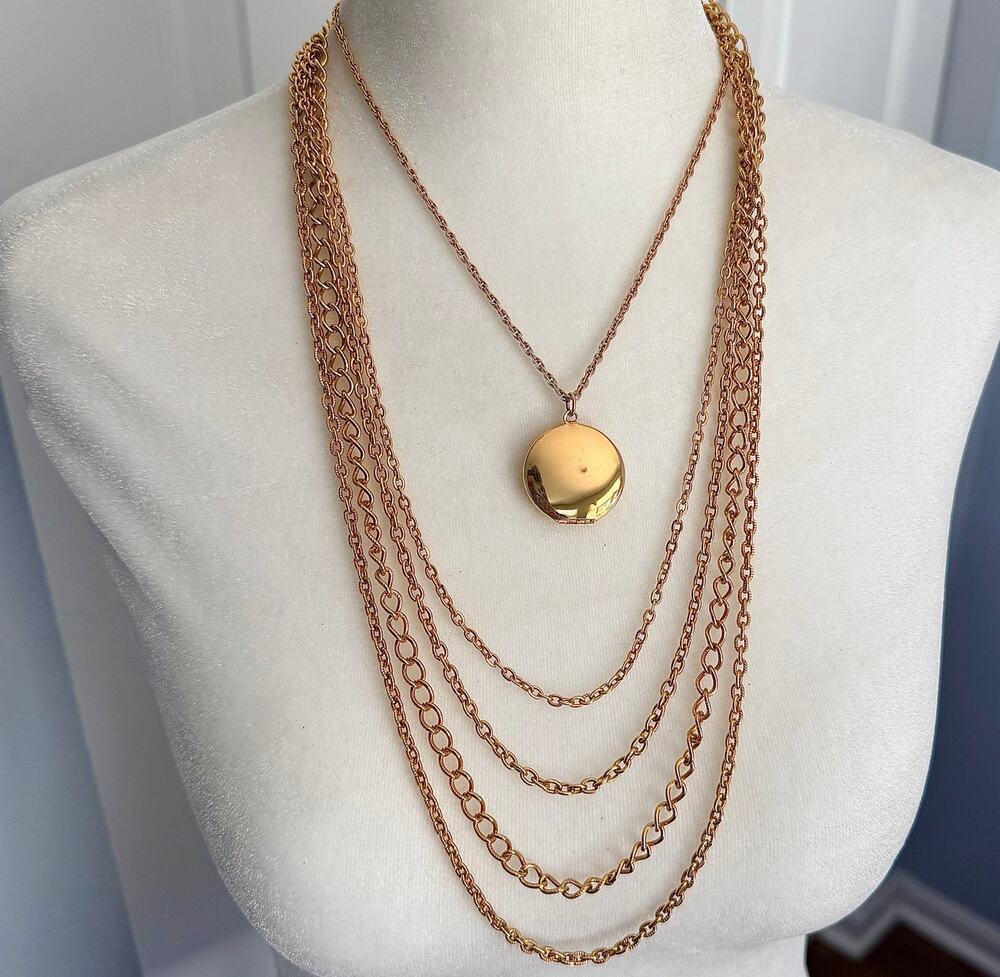 Vintage Gold Tone Multistrand Locket Necklace with Filigree Snap Box Clasp